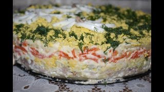 Простой вкусный слоеный салат с мясом и кукурузой Простой вкусный слоеный салат с мясом и кукурузой