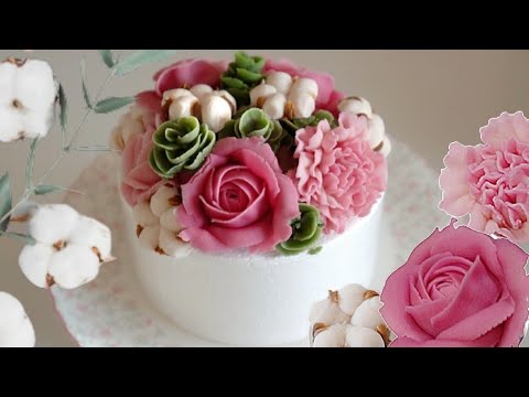카네이션,장미,목화,유칼립투스 플라워케이크 <strong>Carnation</strong>,Rose,Cotton,Eucalyptus flower piping technique