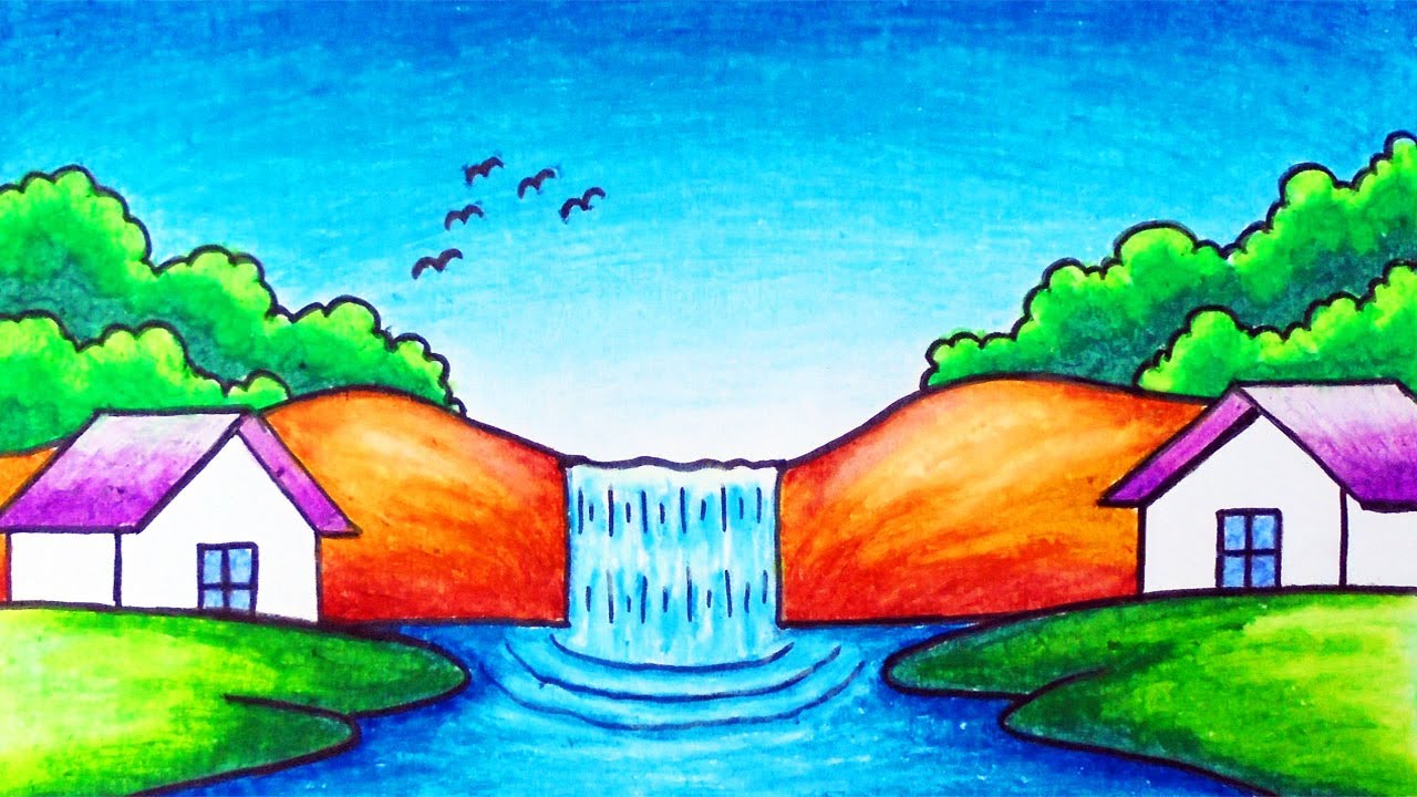 Super Easy Waterfall Scenery Drawing | How to Draw Waterfall in ...