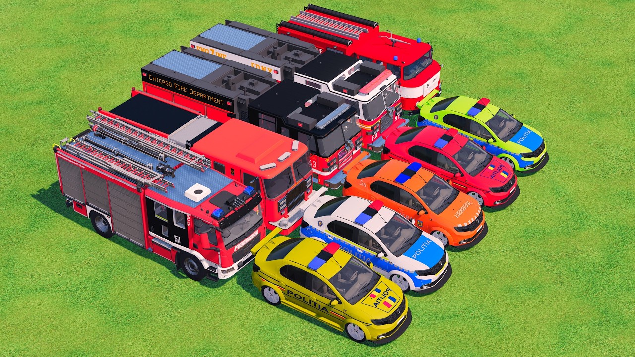 TRANSPORTING ALL POLICE CARS and FIRE DEPARTMENT EMERGENCY VEHICLES WITH MERCEDES TRUCKS! FS22 #9