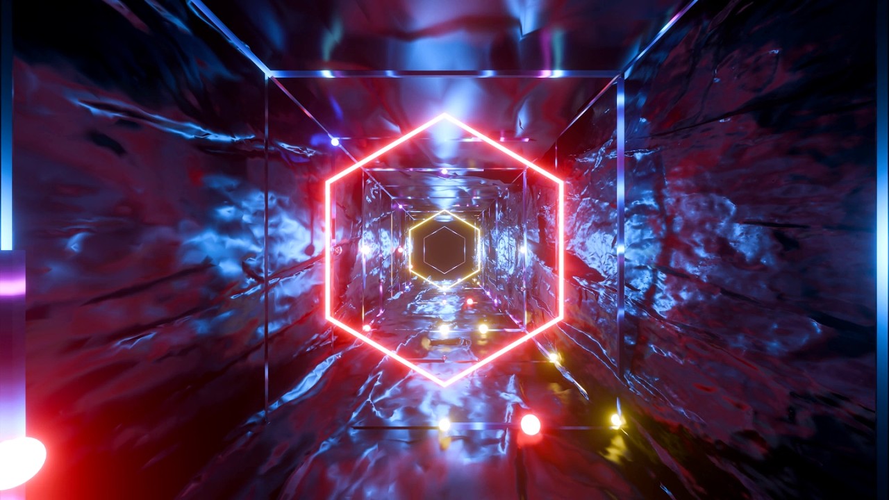 4K Abstract Hexagon tunnel  Blue & Red Color Neon Party Light ScreenSaver Background Video