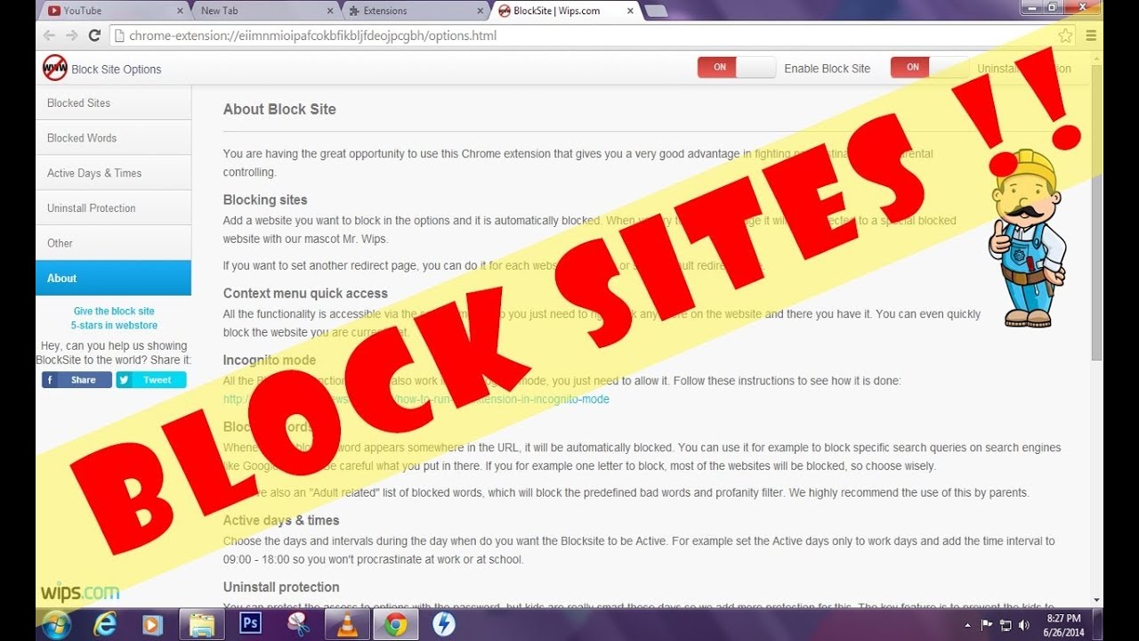 Youtube extension. Block site. Blocked com. Website blocking.