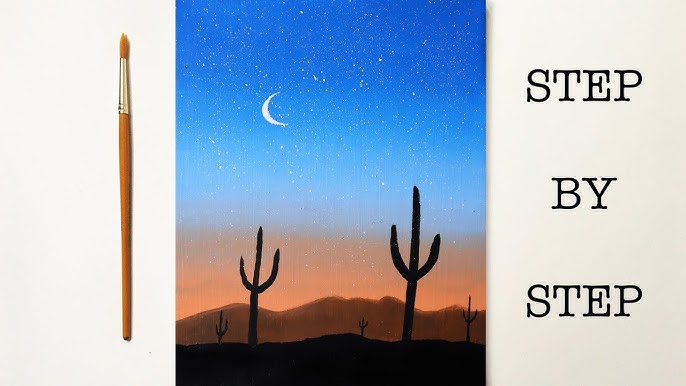 Free July 2018 Watercolor Desert Cactus Sunset Moon Scenery Adult