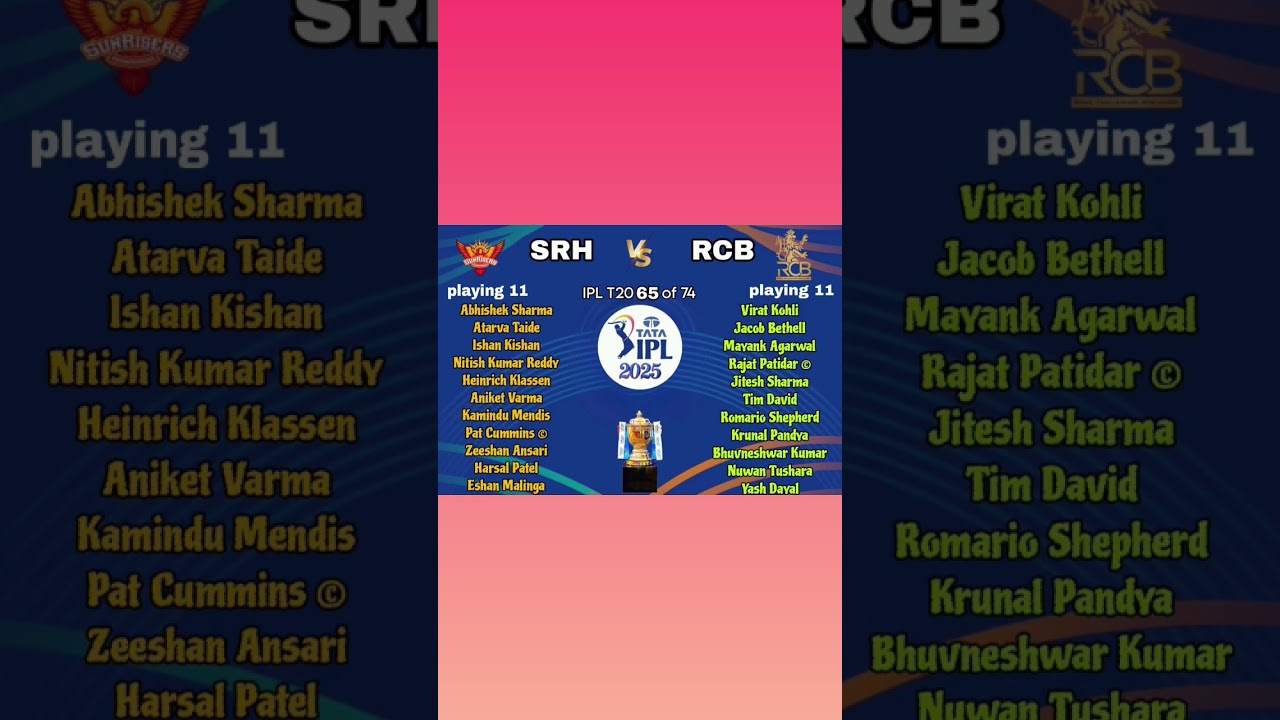 IPL match 65 of 74 SRH vs RCB both team probable playing 11 