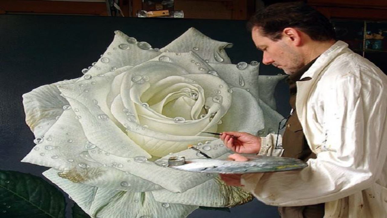 Large Flower Paintings Of Dewdrop Covered Roses By Gioacchino Passini