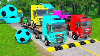 Double Flatbed Trailer Truck vs Speedbumps Train vs Cars Tractor vs Train Beamng.Drive 016 #114