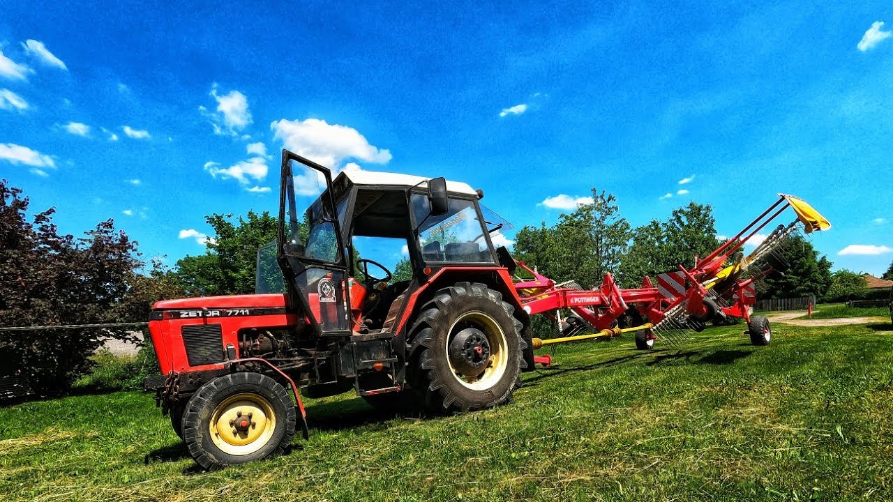 Zetor 7711*POV nahrabování sena s dvourotorem Pottinger Eurotop 651*4K*