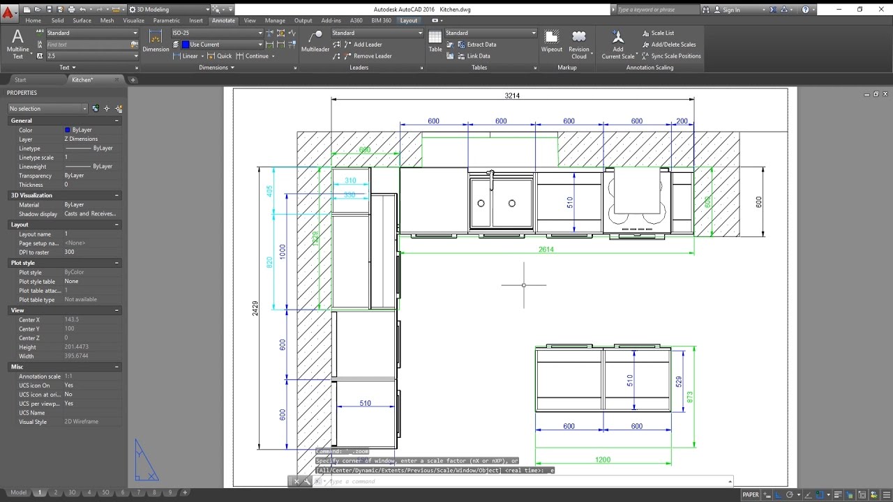 3D Basic Kitchen in AutoCAD Dimensioning Exporting to 