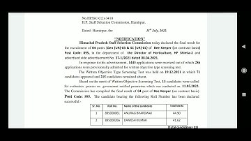 HPSSC Hamirpur 11 July 2022 Bee Keeper 895 Post Code Final Result