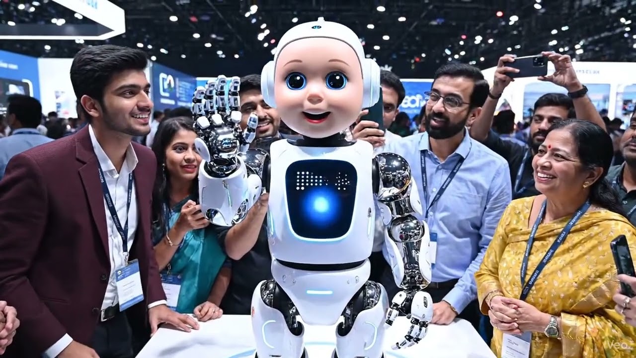 A newly revealed AI child robot model at a large innovation showcase 