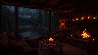 Midnight Rain at a Mountain Cabin 🌧️ Fireplace Glow & Window Rain Sounds for Deep Sleep