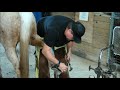 Farrier hot shaping reining sliders and putting them on a reining horse.
