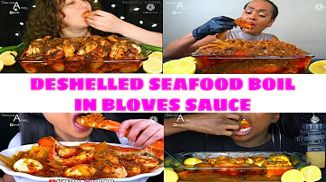 ASMR DESHELLED SEAFOOD BOIL IN BLOVES SAUCE EATING COMPILATION || MAYZURASMR