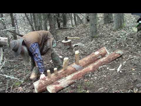 Primitive Splitting A Board Off A Log In The Woods.