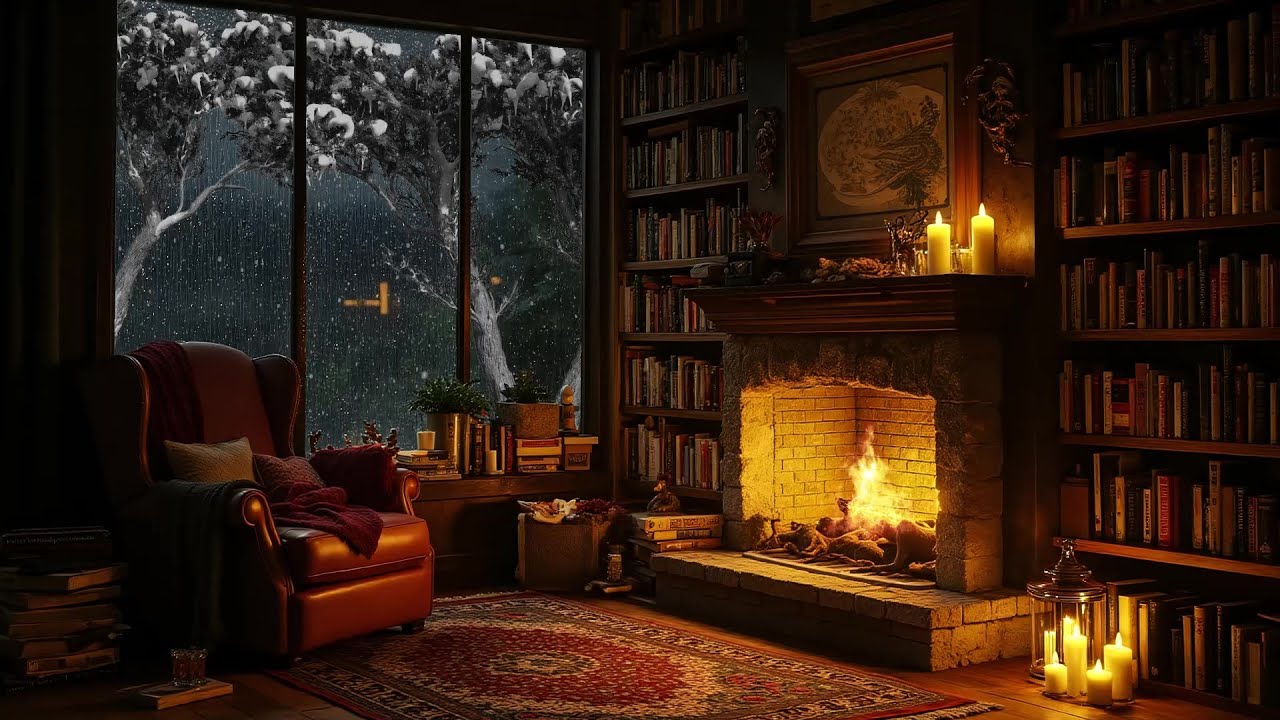 Warm Reading Corner Ambience 🔥 Winter Jazz, Snowy Window & Crackling Fireplace for Relax & Sleep