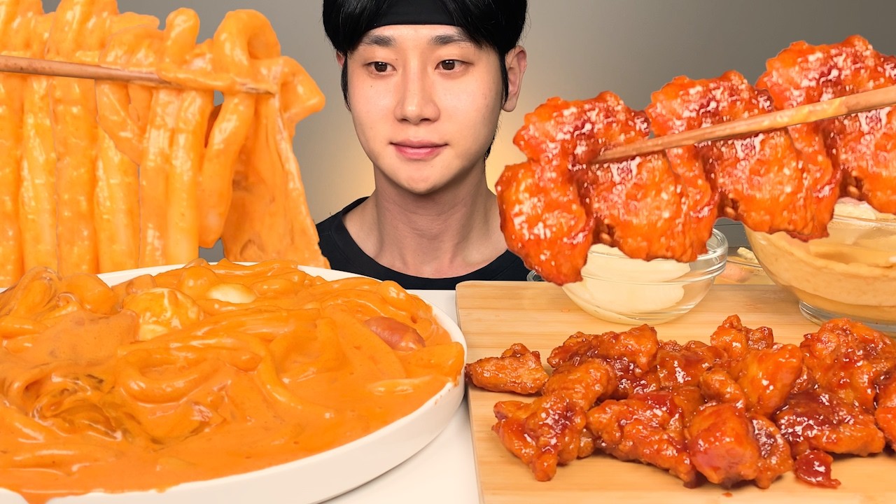 매콤꾸덕 배떡 로제떡볶이 중국당면 추가 & 양념순살치킨, 미니어묵탕 꿀조합 먹방 ASMR Rose Tteokbokki & Seasoned Spicy Chicken MUKBANG