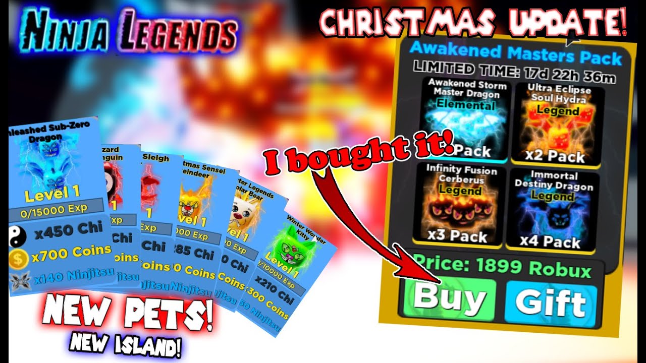 Roblox Ninja Legends Buying The Awakened Masters Pack New Christmas Update Youtube - roblox ninja legends soul dragon stats