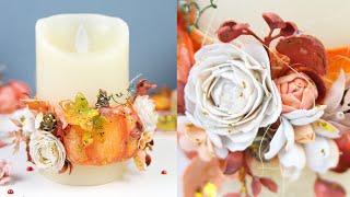 Украшаю свечу цветами, листиками и тыквой из фоамирана 🍁Красивый осенний декор своими руками DIY