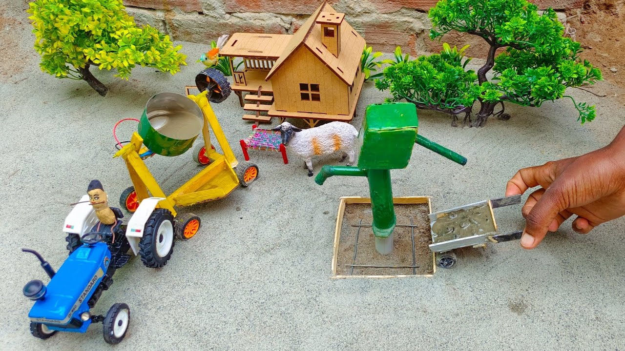 Diy tractor making concrete hand water pump science project | cow shed | mr miniature