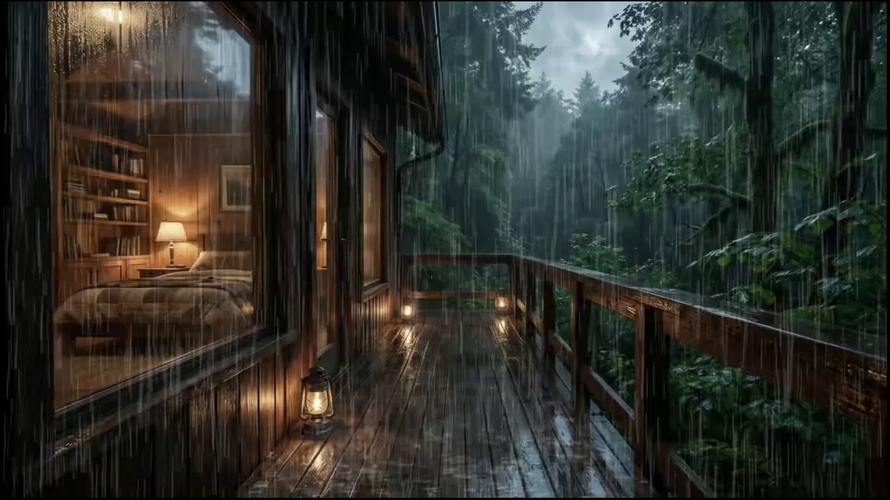 Quiet rain around a warm forest cabin, steady rain tones for deep sleep healing insomnia nights