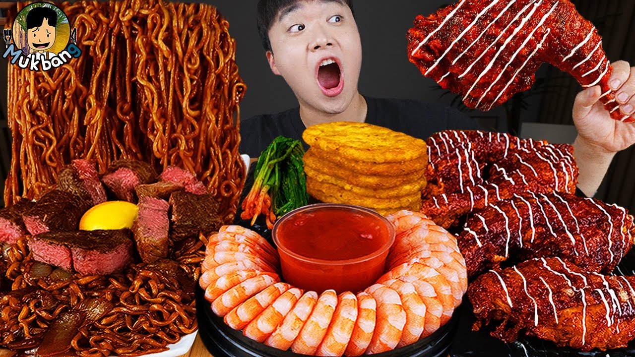 ASMR MUKBANG | Жареный цыпленок, стейк, лапша с черной фасолью, кимчи Корейская еда