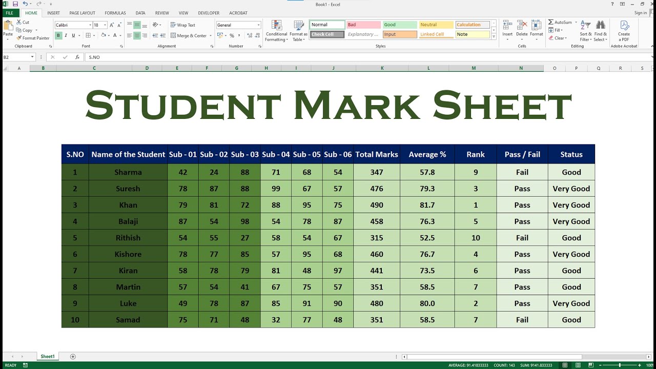 MS Excel - Student Mark Sheet Calculation Sum, Average, Rank, Grade ...