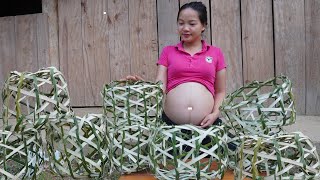 Pregnant woman patiently weaves a coop for chickens to lay eggs  life alone.