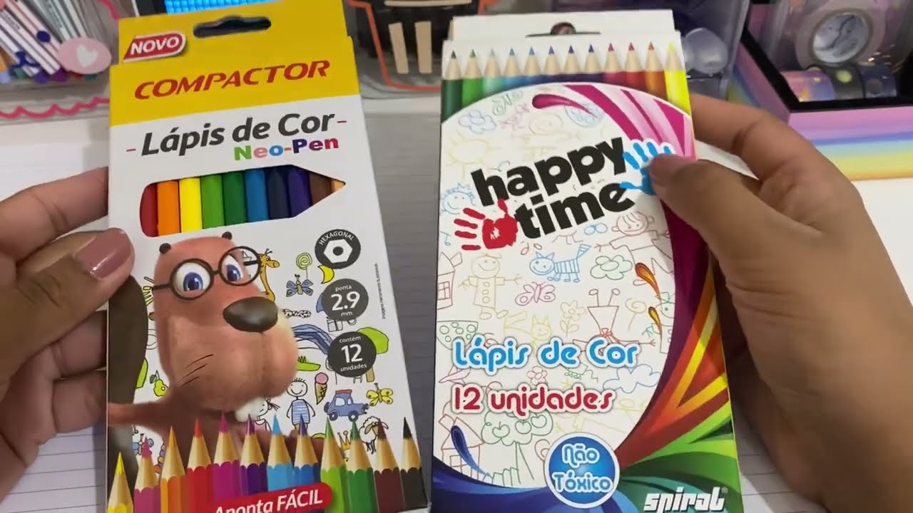 TESTANDO E COMPARANDO CAIXAS DE LÁPIS DE COR! Compactor x happy time - barato? Vale a pena?