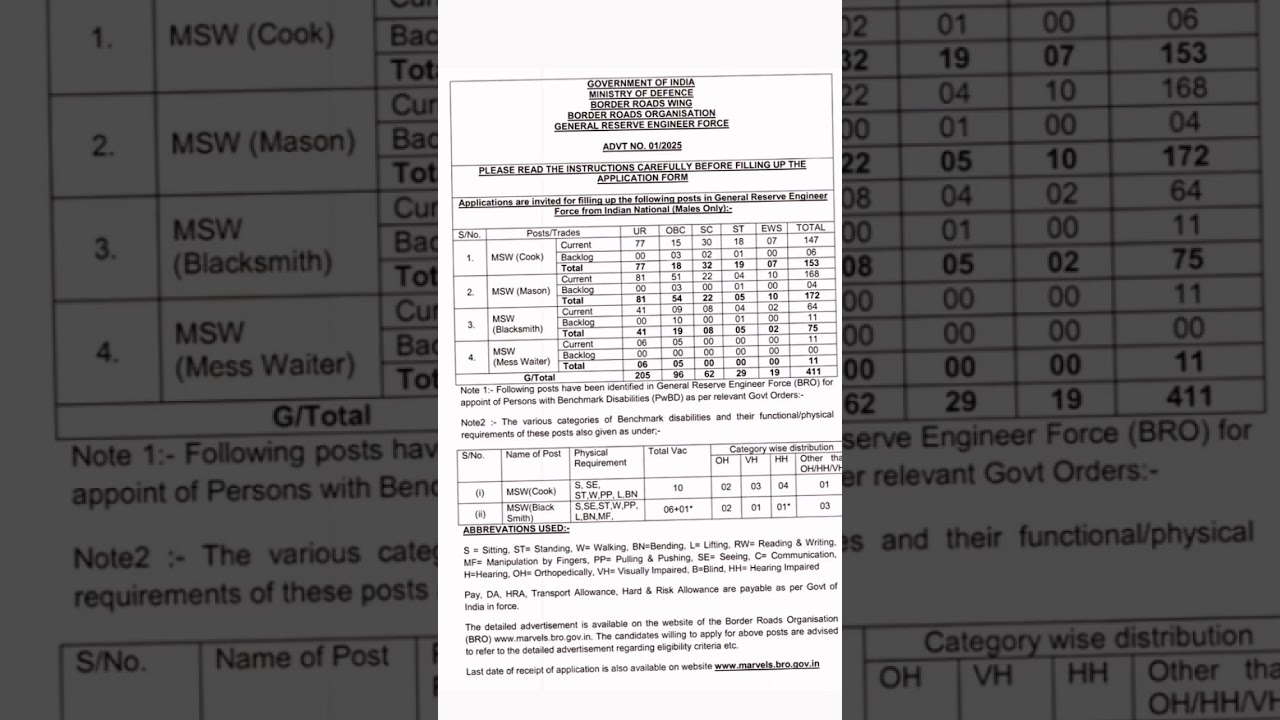 Border Roads Organization 2025 new vacancy offline form start (BRO) MSW 411 post 