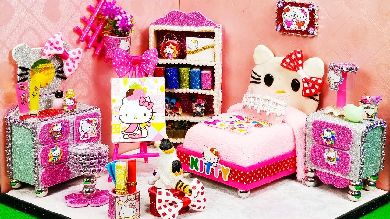 DIY Hello Kitty Miniature Dollhouse Room Bedroom Decor YouTube