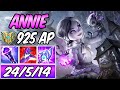 S  925 AP FULL ONE-SHOT ANNIE MID | Build & Runes | FRIGHT NIGHT ANNIE GAMEPLAY | League of Legends