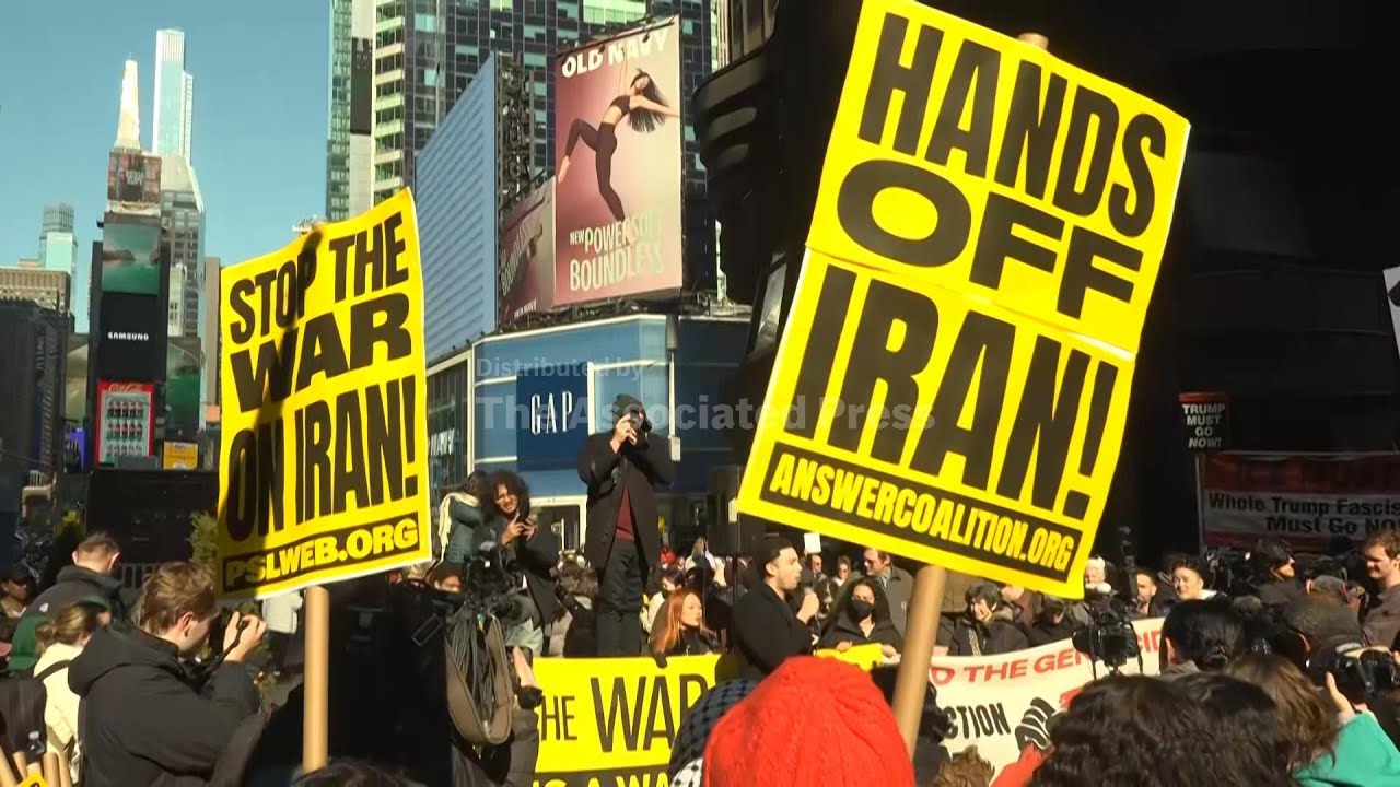 New Yorkers gather in Times Square to protest US-Israeli strikes on Iran
