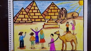 رسم  موضوع عن السياحه في مصر والاهرامات وابو الهول رسم سهل بالخطوات