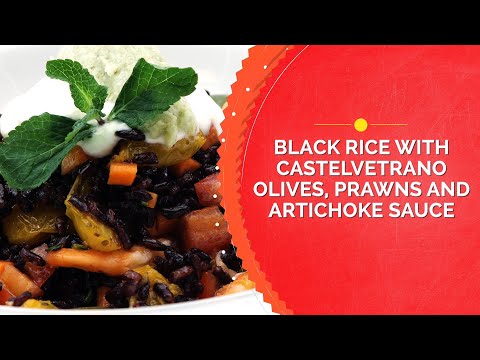 Black Rice with Castelvetrano Olives, Prawns and Artichoke Sauce