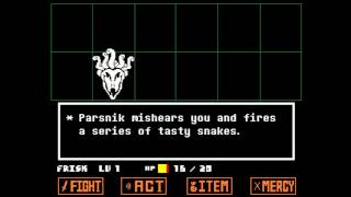 Undertale - Frisk/Hard Mode Parsnik
Mmmmmmmmm...snakes.
Strategy: Ask for a snack, grab the green little guy, spare! Undertale - Frisk/Hard Mode Parsnik
