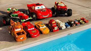 Disney Pixar Cars falling into deep pool, Lightning McQueen, Tow Mater, Mack, Sally, Francesco