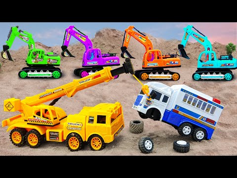 JCB Excavator, Crane, Truck, Construction Vehicles rescue Police Car - DIY Car toy for