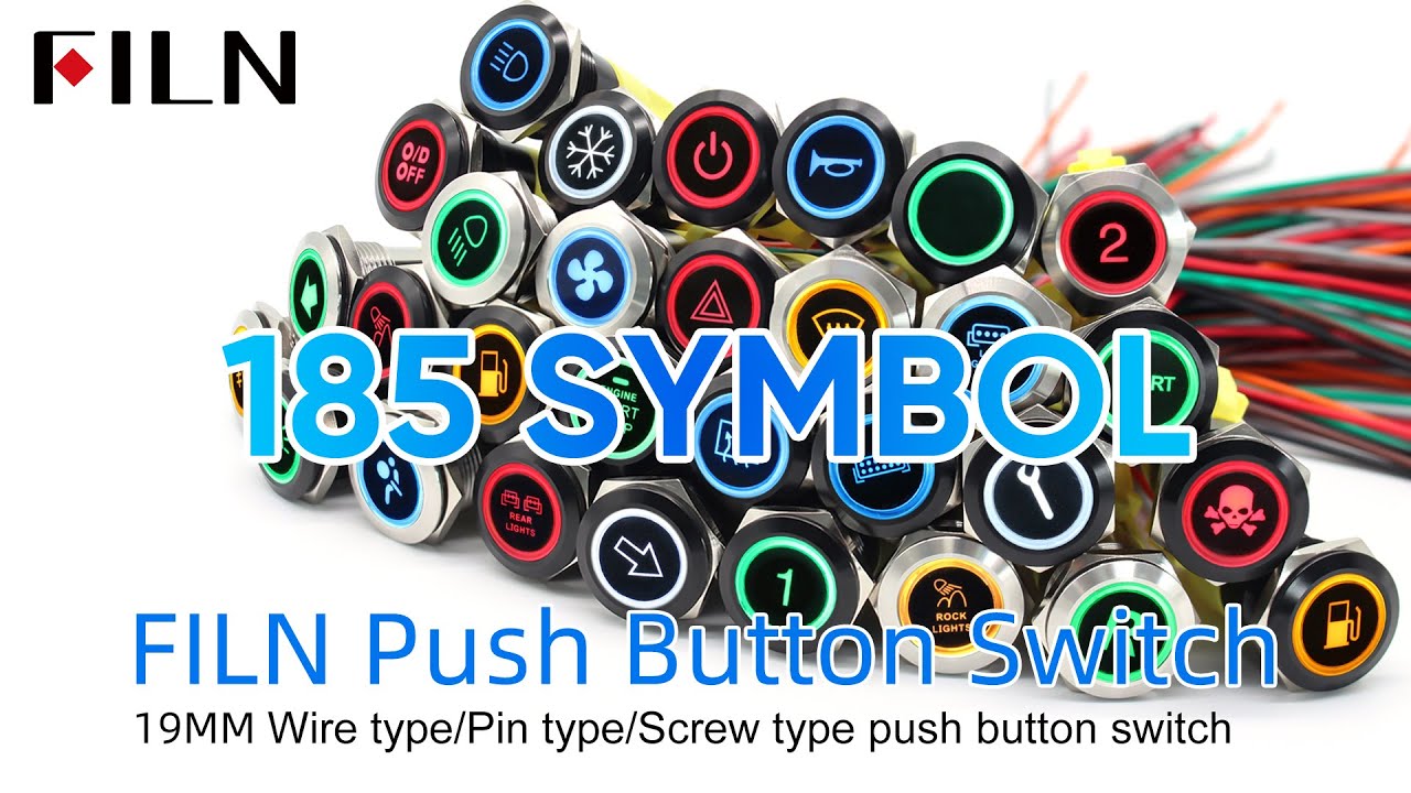 FILN 19MM 12V Waterproof Momentary Latching Metal Start Stop Car Push Button Switches 185 Symbols