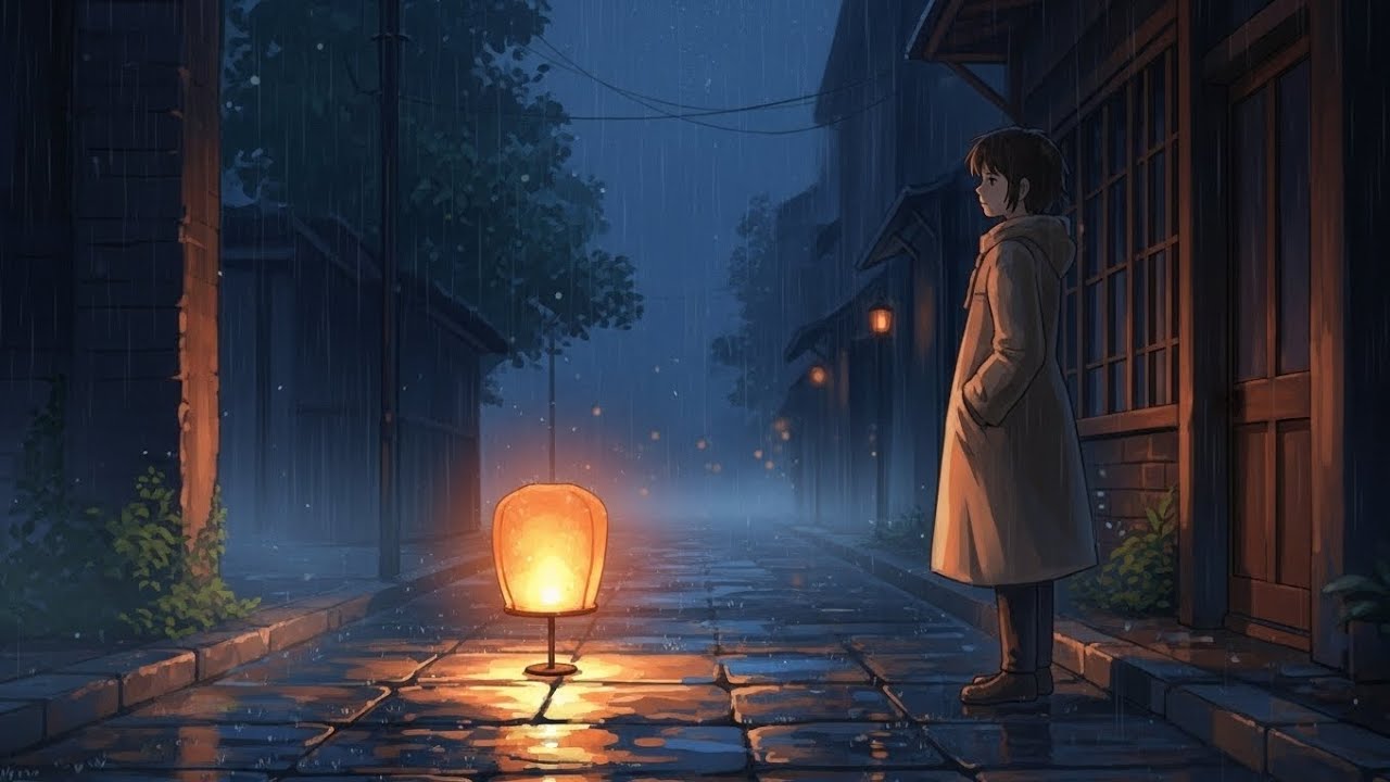 Rainy Street Establishing | Ghibli-Style Cozy ASMR Animation 🌧️ Soft Rain Sounds