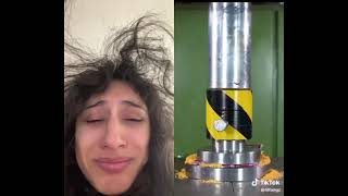 French woman reacts to things being crushed in a hydraulic press