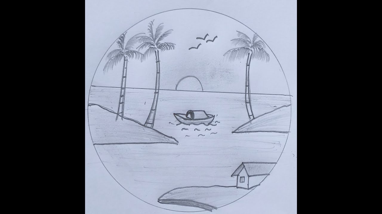 Drawing a Peaceful River Sunset | Easy Village Scenery Pencil Drawing