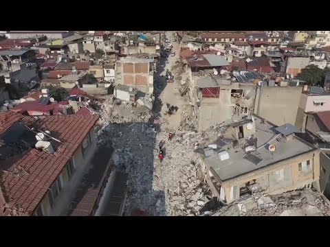 Drone footage shows devastating damage after powerful earthquakes hit Turkey