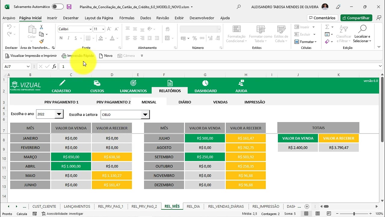 Planilha de Conciliação de Cartão de Crédito Completa - Relatórios