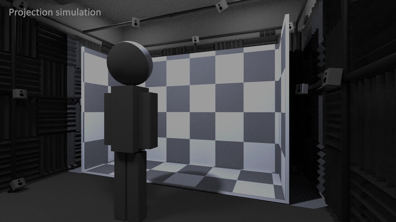 Install of a single-projector / multi-screen adaptive video rendering system