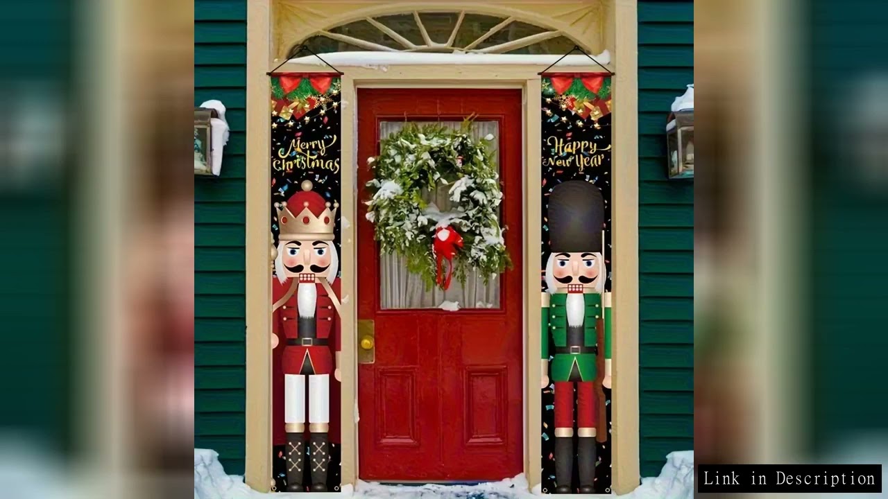 2D flat banner, 2 large Christmas nutcracker door decorations with "Merry Christmas" text, red and g