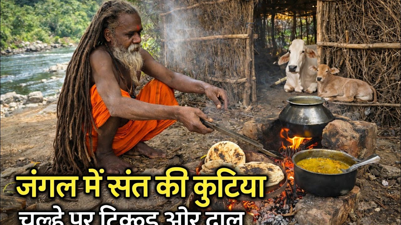 सिद्ध संत की कुटिया में पहाड़ी मूंग दाल टमाटर की सब्जी और धुनें के मोटे मोटे रामरोट टिक्कड़ #pahadi 