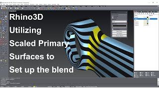 Rhino3D, utilizing scaled surfaces to set up a blend.