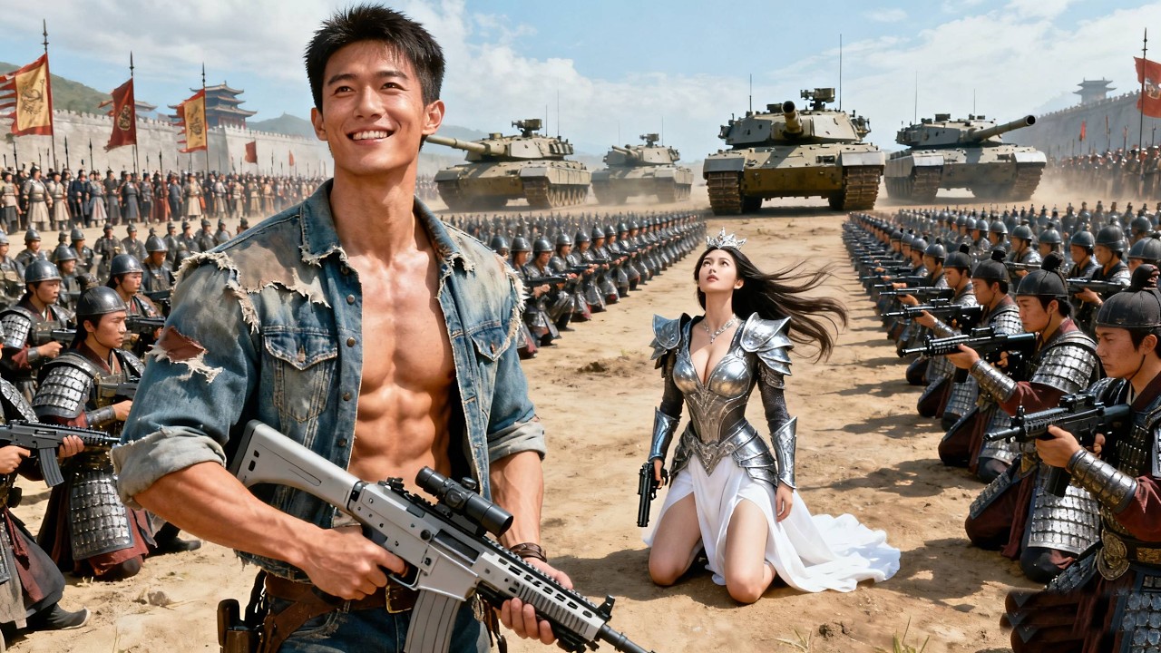 Yoksul genç engelleri aşar, modern silahlarla savaş alanını süpürür ve kraliçenin kalbini kazanır.