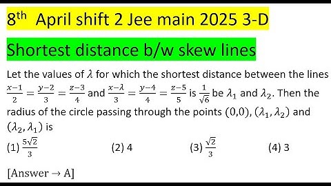 Let the values of λ for which the shortest distance between the lines (x-1)/2=(y-2)/3=(z-3)/4 #pyq