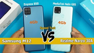 Samsung Galaxy M12 Vs Realme Narzo 30A Speed Test | Exynos 850 vs MediaTek Helio G85  / 4Gb